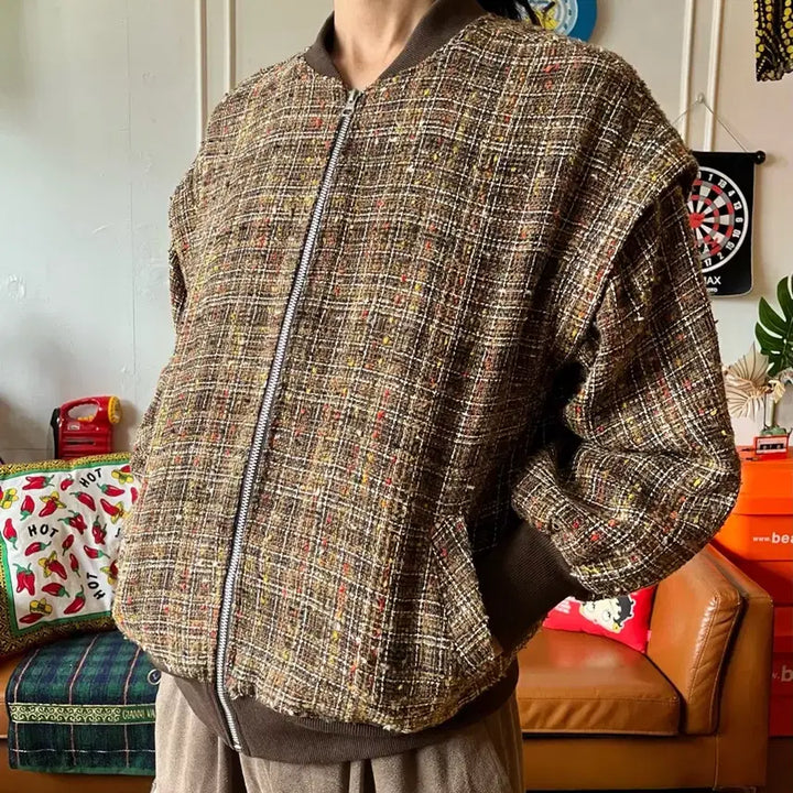 [BUNJANG] ELENCARE DUE Japanese Vintage Tweed Bomber Jacket / ELENCARE DUE 일본 빈티지 트위드 봄버 블루종 자켓