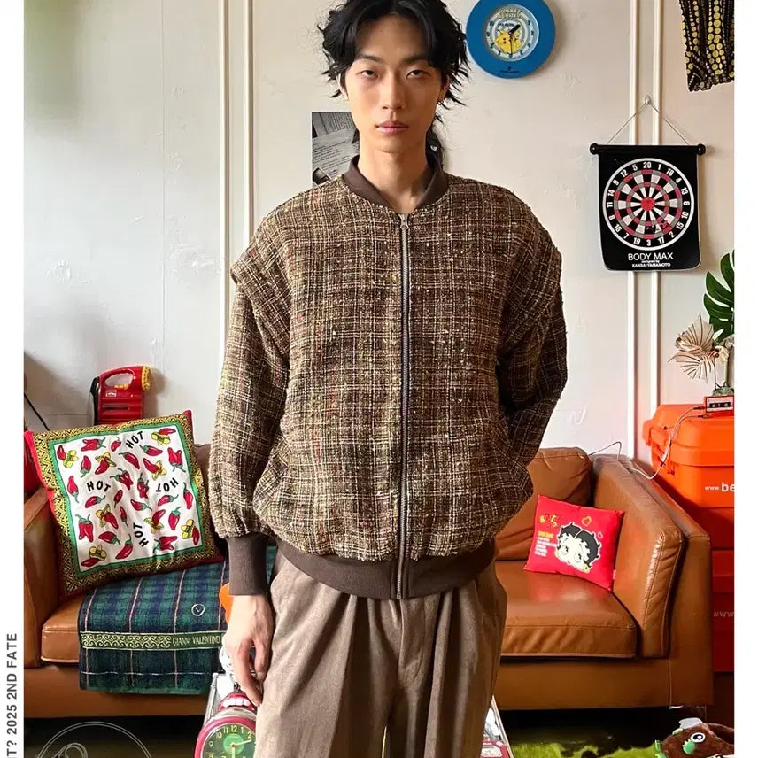 [BUNJANG] ELENCARE DUE Japanese Vintage Tweed Bomber Jacket / ELENCARE DUE 일본 빈티지 트위드 봄버 블루종 자켓