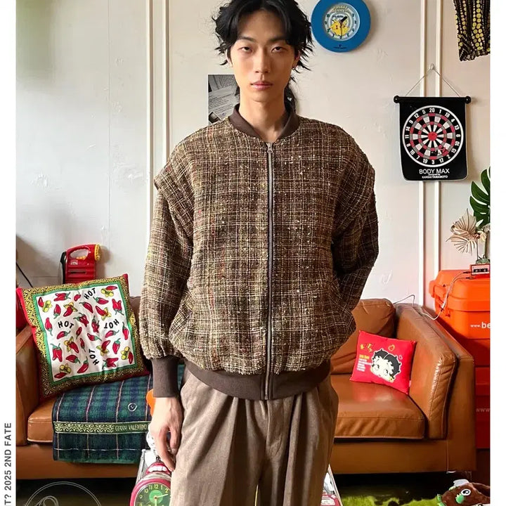 [BUNJANG] ELENCARE DUE Japanese Vintage Tweed Bomber Jacket / ELENCARE DUE 일본 빈티지 트위드 봄버 블루종 자켓
