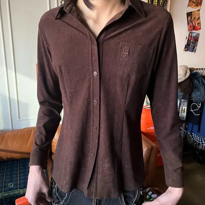 [BUNJANG] KRIZIA Vintage Peach Skin Suede Brown Shirt / KRIZIA 크리지아 빈티지 피치스킨 스웨이드 브라운 셔츠 남방