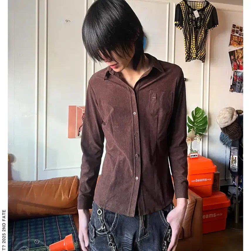 [BUNJANG] KRIZIA Vintage Peach Skin Suede Brown Shirt / KRIZIA 크리지아 빈티지 피치스킨 스웨이드 브라운 셔츠 남방