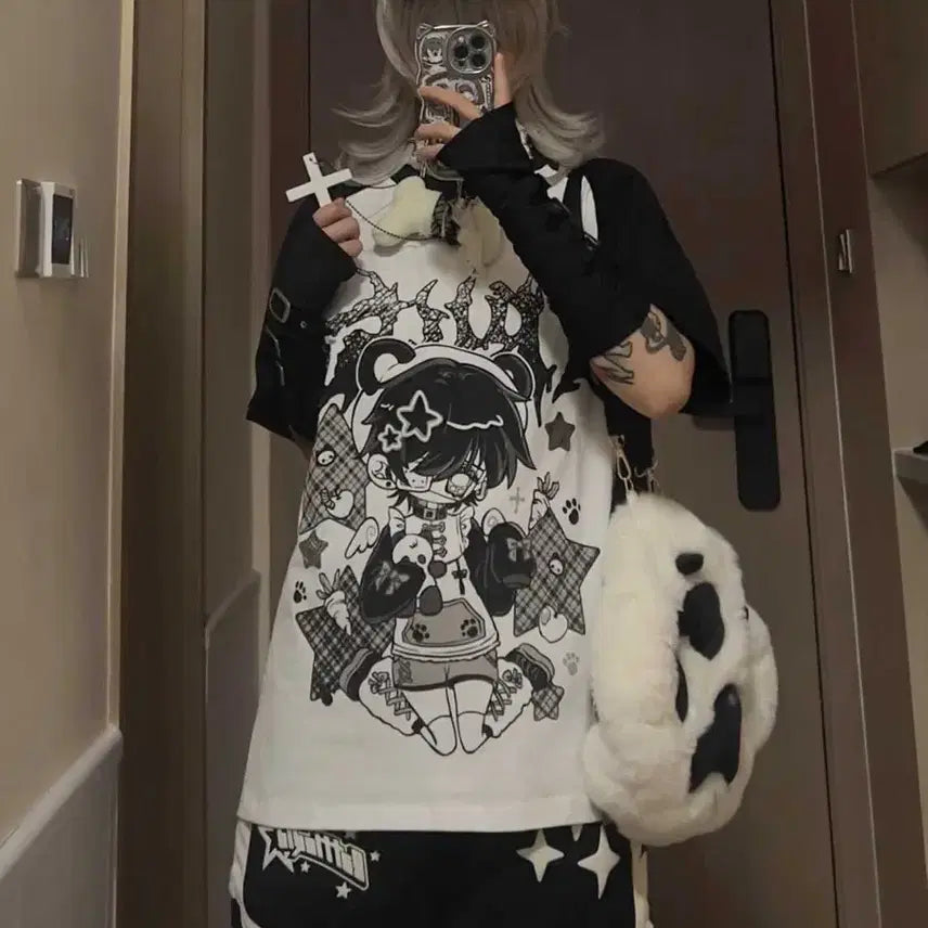 [BUNJANG] Subculture Oversized Character T-shirt / 지뢰계 서브컬처 오버사이즈  캐릭터 반팔 티셔츠