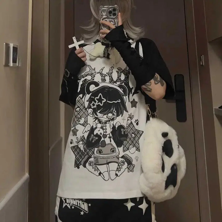 [BUNJANG] Subculture Oversized Character T-shirt / 지뢰계 서브컬처 오버사이즈  캐릭터 반팔 티셔츠