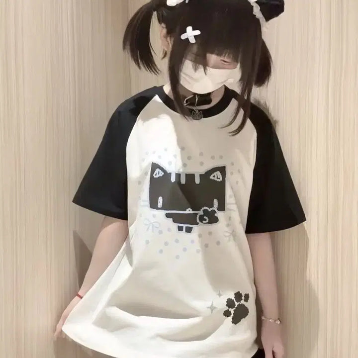 [BUNJANG] Subculture Cat Print Loose Fit T-Shirt / 서브컬처 고양이인쇄 루즈핏 티셔츠