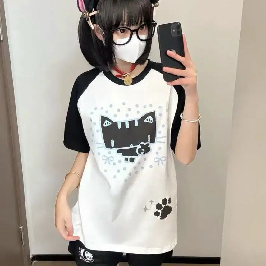 [BUNJANG] Subculture Cat Print Loose Fit T-Shirt / 서브컬처 고양이인쇄 루즈핏 티셔츠