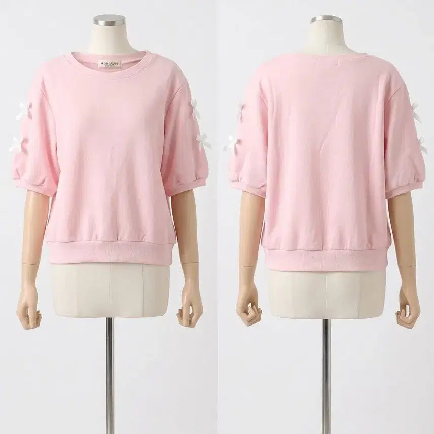 [BUNJANG] An.so.S2 Pink Ribbon Short Sleeve Sweatshirt / 분홍 리본 반팔 맨투맨