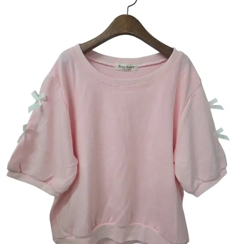 [BUNJANG] An.so.S2 Pink Ribbon Short Sleeve Sweatshirt / 분홍 리본 반팔 맨투맨