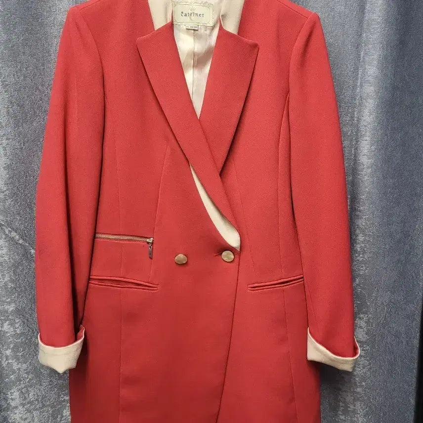 [BUNJANG] Tatrinet Red Contrast Double Button Long Jacket / tatrinet 레드 배색 더블 버튼 롱자켓