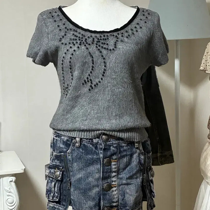 [BUNJANG] Beads Gray Angora Knit / 비즈 그레이 앙고라 니트