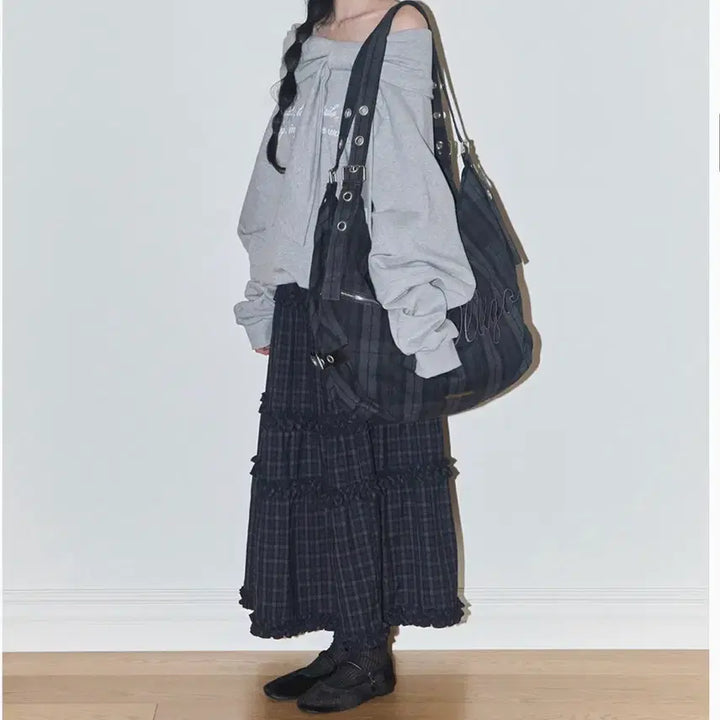 [BUNJANG] ILLIGO Letter Big Shoulder Bag (Check, Gray) / ILLIGO 일리고 레터 빅 숄더백 체크 그레이 가방