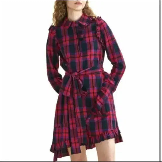 [BUNJANG] Maje Asymmetric Ruffle Checkered Dress / 마쥬 언발란스 프릴체크 원피스 1사이즈