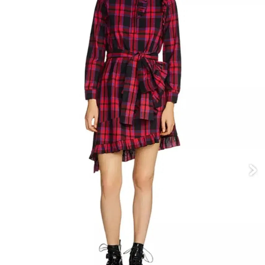 [BUNJANG] Maje Asymmetric Ruffle Checkered Dress / 마쥬 언발란스 프릴체크 원피스 1사이즈