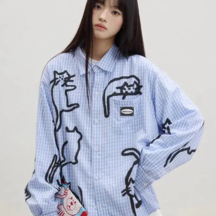 [BUNJANG] Kuas Cat Graffiti Check Summer Shirt / [단순개봉 새상품] eeee / kuas 고양이 그래피티 체크 여름 셔츠
