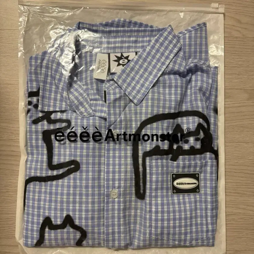 [BUNJANG] Kuas Cat Graffiti Check Summer Shirt / [단순개봉 새상품] eeee / kuas 고양이 그래피티 체크 여름 셔츠