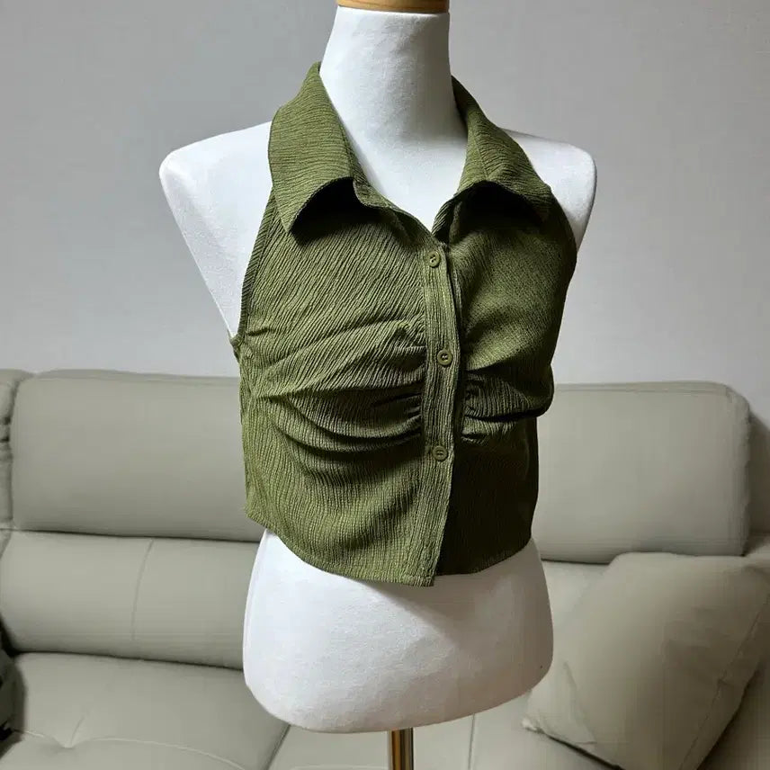 [BUNJANG] Green Halter Neck Shirt Tank Top / [1회 착용]연두색 홀터넥 셔츠나시