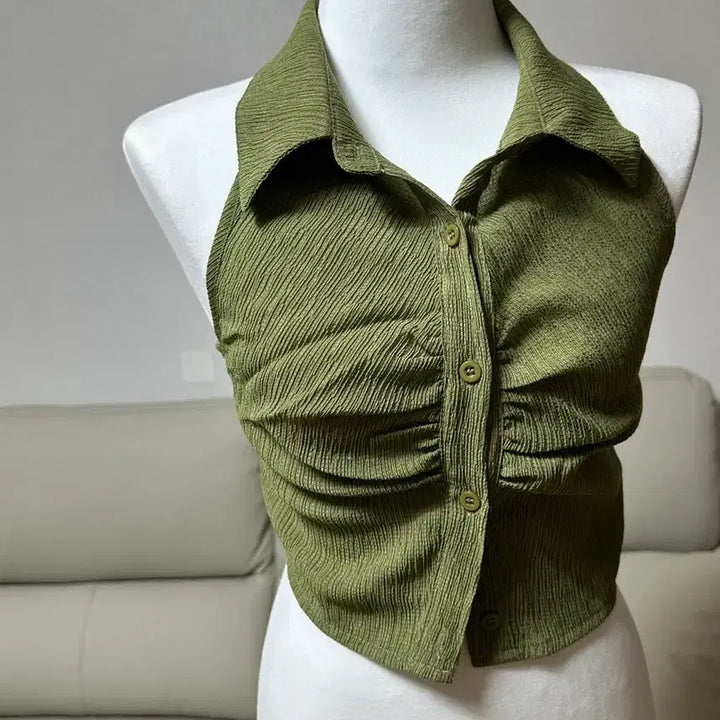 [BUNJANG] Green Halter Neck Shirt Tank Top / [1회 착용]연두색 홀터넥 셔츠나시
