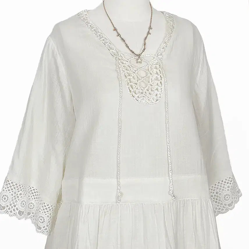 [BUNJANG] Vintage Lace Ribbon Punching A-line Dress / 일본빈티지 미사용 레이스리본끈 펀칭A라인원피스 모리걸하구미룩갸루y2k히피