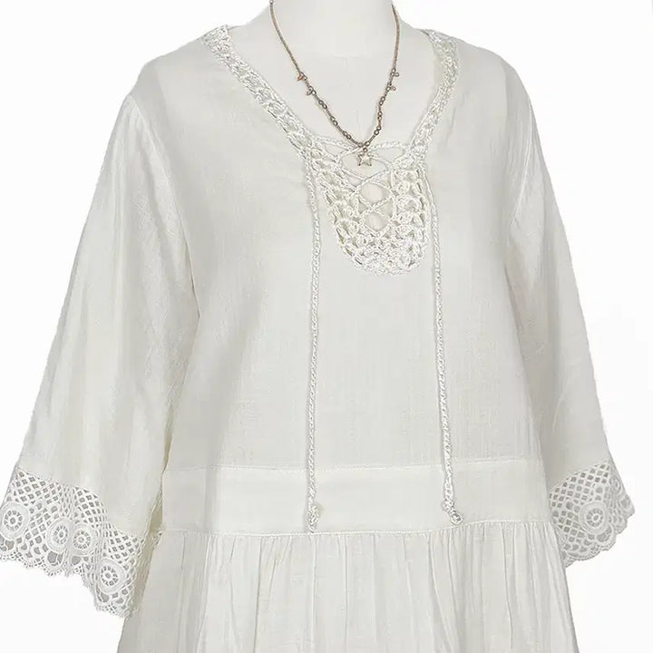 [BUNJANG] Vintage Lace Ribbon Punching A-line Dress / 일본빈티지 미사용 레이스리본끈 펀칭A라인원피스 모리걸하구미룩갸루y2k히피