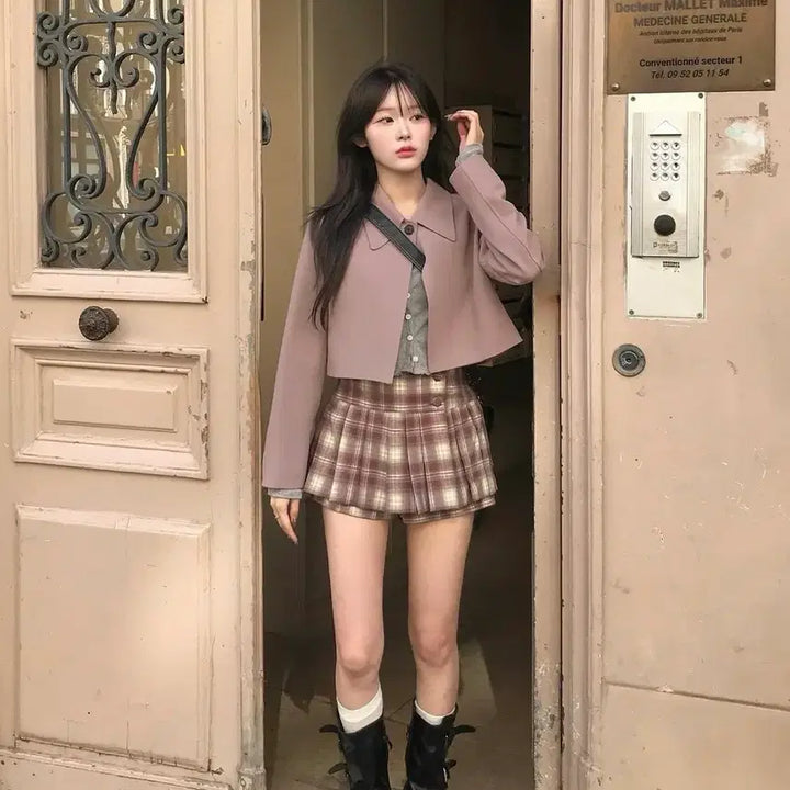 [BUNJANG] Mini Poe Pink Jacket &amp; Check Mini Skirt Set / 미니포에 핑크자켓&amp;체크미니스커트