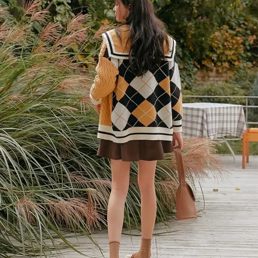 [BUNJANG] Unique Argyle Check Sailor Collar Cardigan / 유니크) 아가일 체크 세일러 카라 가디건