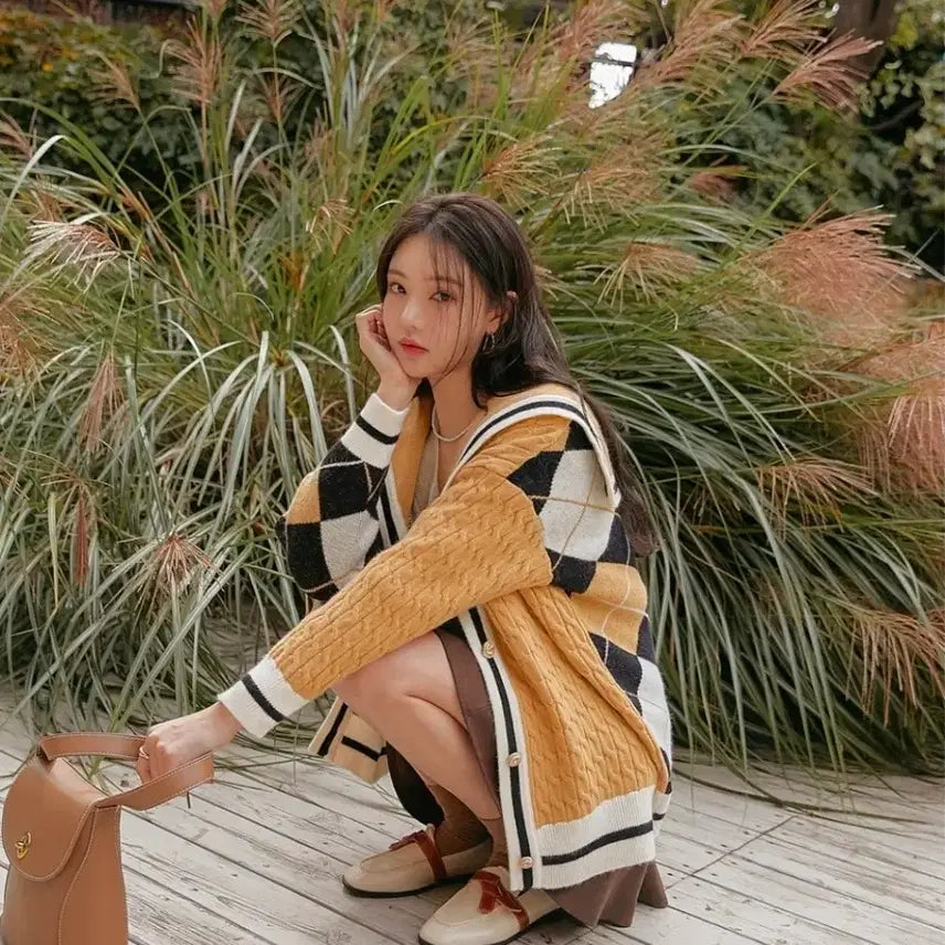 [BUNJANG] Unique Argyle Check Sailor Collar Cardigan / 유니크) 아가일 체크 세일러 카라 가디건