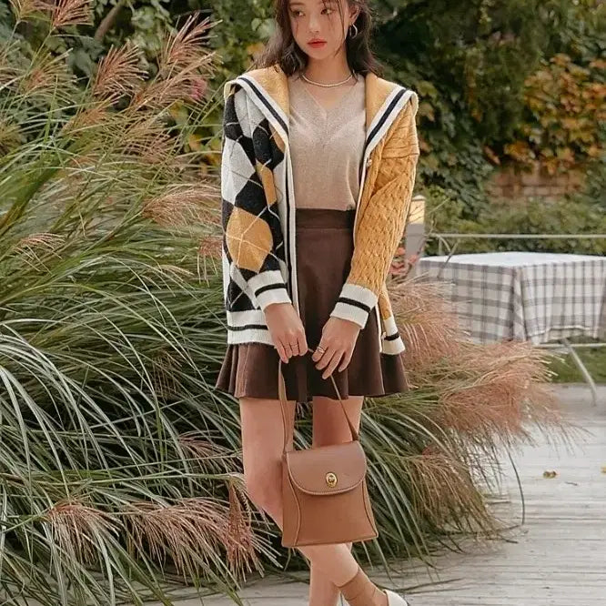 [BUNJANG] Unique Argyle Check Sailor Collar Cardigan / 유니크) 아가일 체크 세일러 카라 가디건