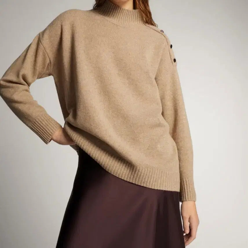 [BUNJANG] Massimo Dutti Cashmere Wool Shoulder Button Knit Beige Turtleneck Sweater / 마시모두띠 캐시미어 울 숄더버튼 니트 베이지 반목 폴라 터틀넥스웨터금장