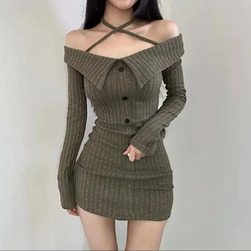 [BUNJANG] Off-Shoulder Ribbed Knit Mini Dress / 엑스 끈 리본 홀터 오프숄더 골지 니트 슬림 스판 미니 원피스