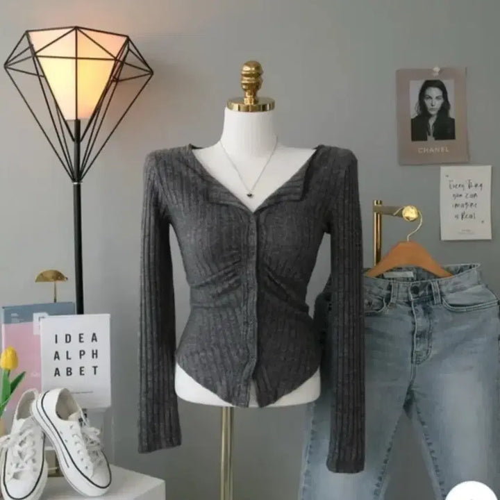 [BUNJANG] Avely Shirring Slim Knit Charcoal / 셔링 슬림 니트_차콜