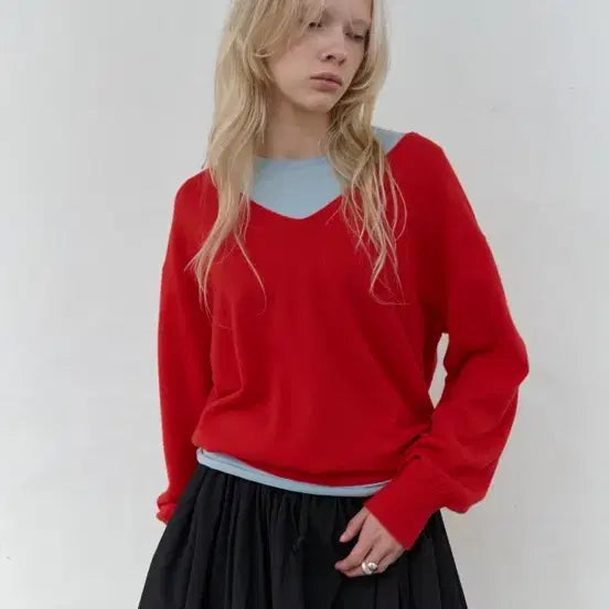 [BUNJANG] Seoran Deep V-Neck Knit Red / SEORAN 딥브이넥 니트 레드