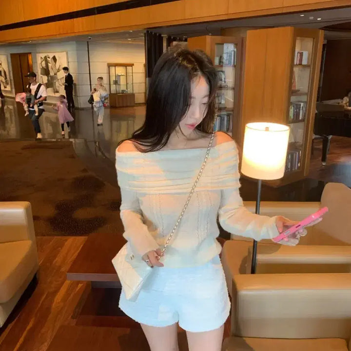 [BUNJANG] Siyee Spring Tweed Shorts S + Ati Off-shoulder Knit / 새상품 택0, 샵시예 스프링 트위드 쇼츠 S