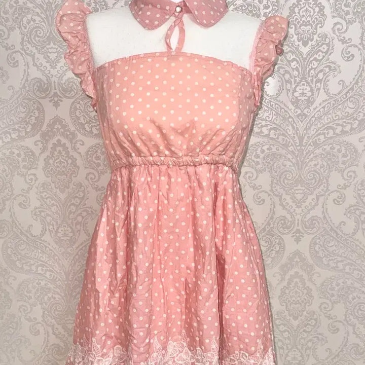 [BUNJANG] Tralala Vintage Dot Peach Collar Frill Lace Dress / Tralala 트랄라라 빈티지 도트 피치 카라넥 프릴 레이스 원피스