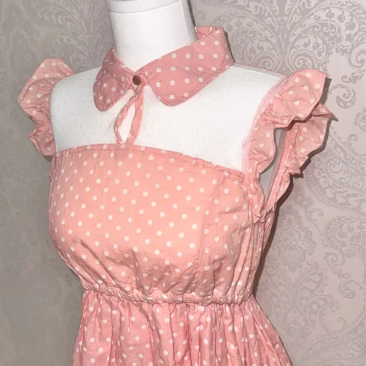 [BUNJANG] Tralala Vintage Dot Peach Collar Frill Lace Dress / Tralala 트랄라라 빈티지 도트 피치 카라넥 프릴 레이스 원피스