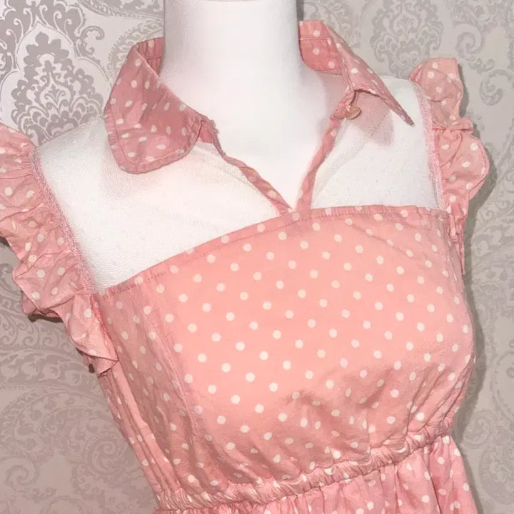 [BUNJANG] Tralala Vintage Dot Peach Collar Frill Lace Dress / Tralala 트랄라라 빈티지 도트 피치 카라넥 프릴 레이스 원피스