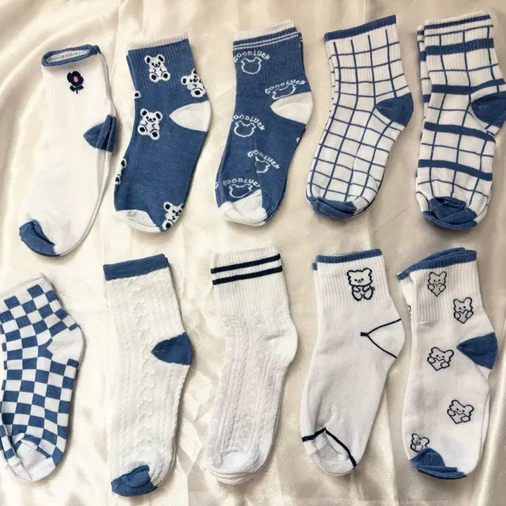 [BUNJANG] Patterned Socks 10-Pack / 패턴 양말 10켤레 블루/화이트