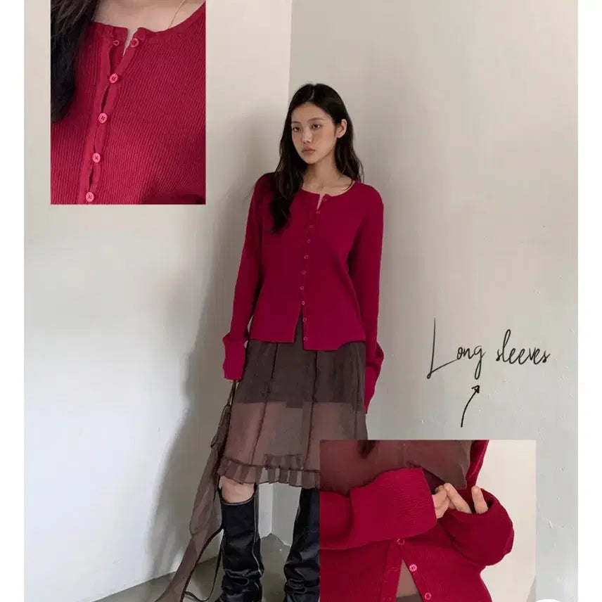 [BUNJANG] Morent Ribbed Round Neck Cardigan - Red / 모렌트 골지 라운드넥 가디건 레드