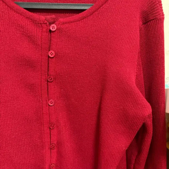 [BUNJANG] Morent Ribbed Round Neck Cardigan - Red / 모렌트 골지 라운드넥 가디건 레드