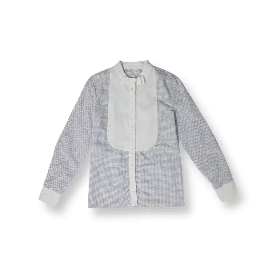 [BUNJANG] 55 Ribbon Blue Check Collarless Blouse Shirt / 55 리본 블루 체크 노카라 블라우스 셔츠