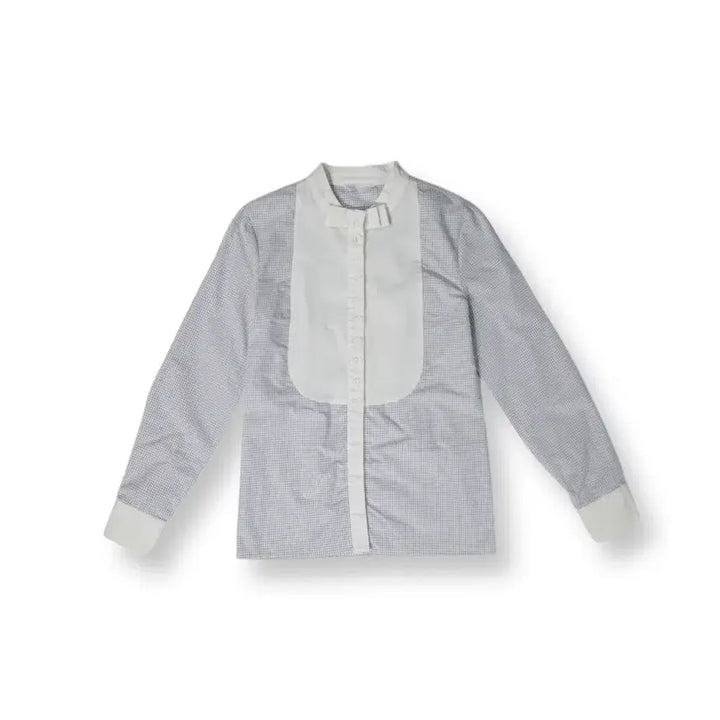 [BUNJANG] 55 Ribbon Blue Check Collarless Blouse Shirt / 55 리본 블루 체크 노카라 블라우스 셔츠