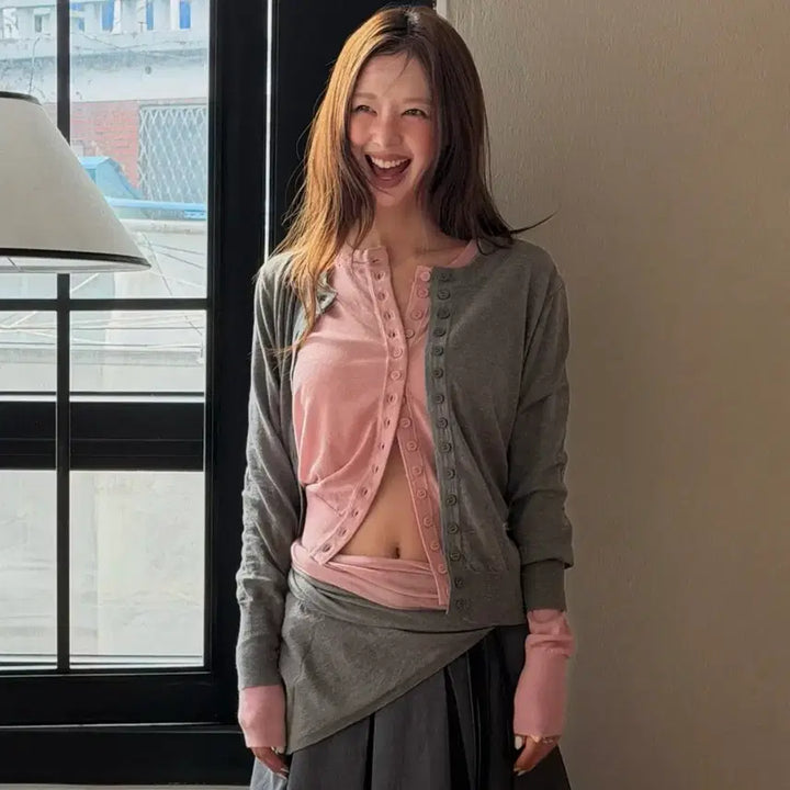 [BUNJANG] Vitalsign Scarf Cardigan Set - Grey Silk Layered Cardigan Set / 바이탈싸인 스카프 가디건 셋업 그레이 실크 레이어드가디건 세트