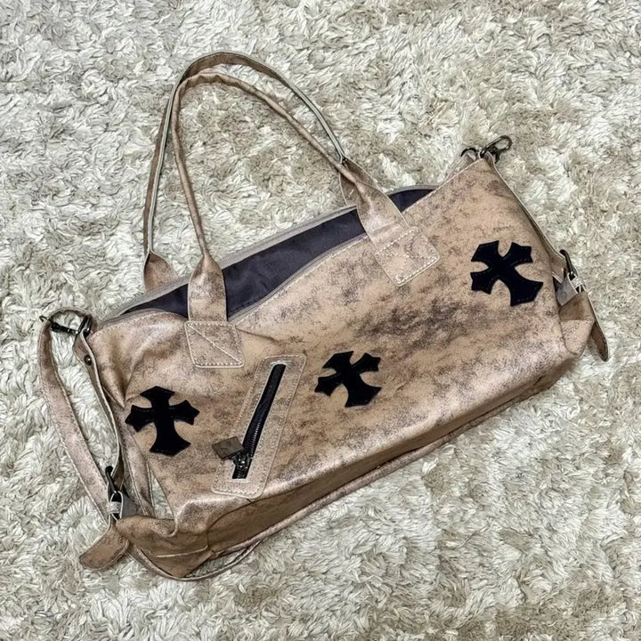 [BUNJANG] Brown Cross Accent Tote Bag / 크로스 장식 브라운 토트백