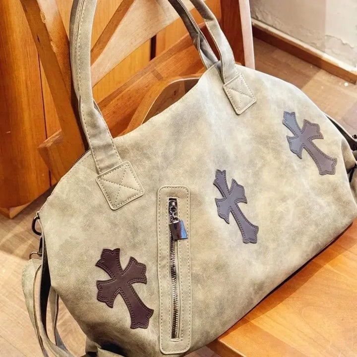 [BUNJANG] Brown Cross Accent Tote Bag / 크로스 장식 브라운 토트백