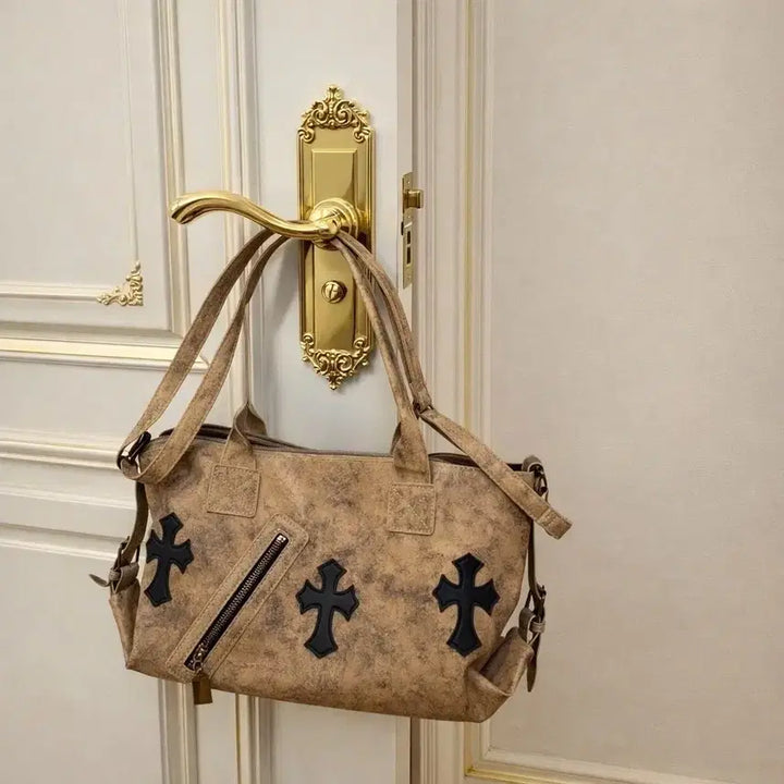 [BUNJANG] Brown Cross Accent Tote Bag / 크로스 장식 브라운 토트백