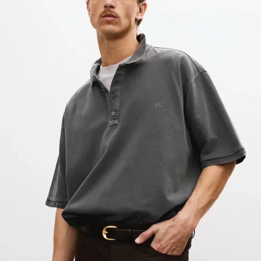[BUNJANG] RECTO 25SS Oversized Garment Cotton Pique Short Sleeve Shirt Blueish Charcoal / 렉토 25SS 오버사이즈 가먼트 코튼 피케 반팔 셔츠 블루이쉬 차콜