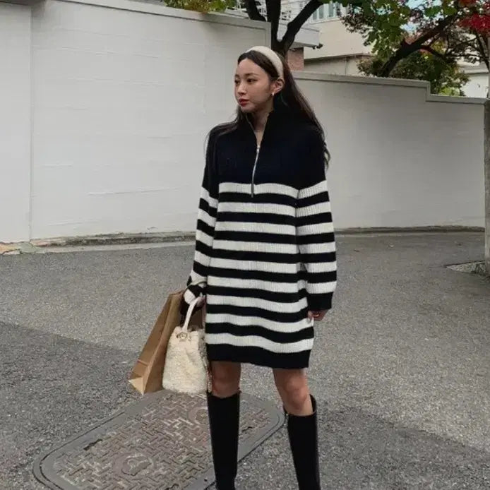 [BUNJANG] Striped Zip-Up Knit Dress / 단가라 집업 니트 원피스