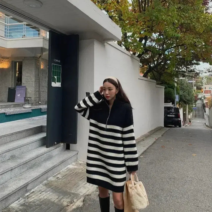 [BUNJANG] Striped Zip-Up Knit Dress / 단가라 집업 니트 원피스