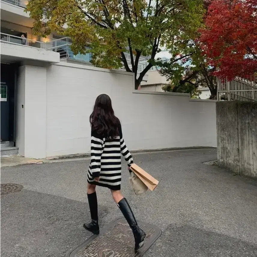 [BUNJANG] Striped Zip-Up Knit Dress / 단가라 집업 니트 원피스