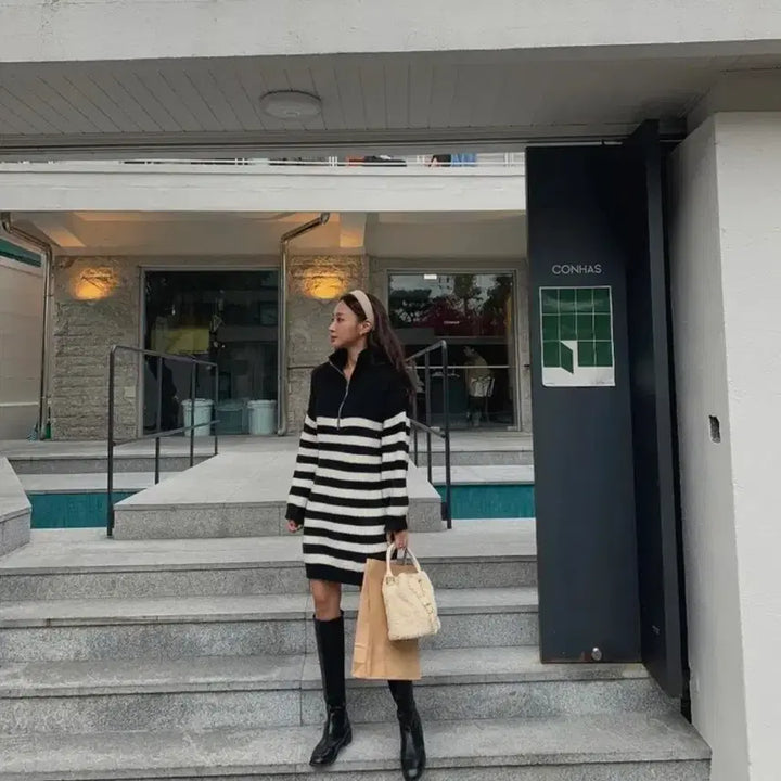 [BUNJANG] Striped Zip-Up Knit Dress / 단가라 집업 니트 원피스