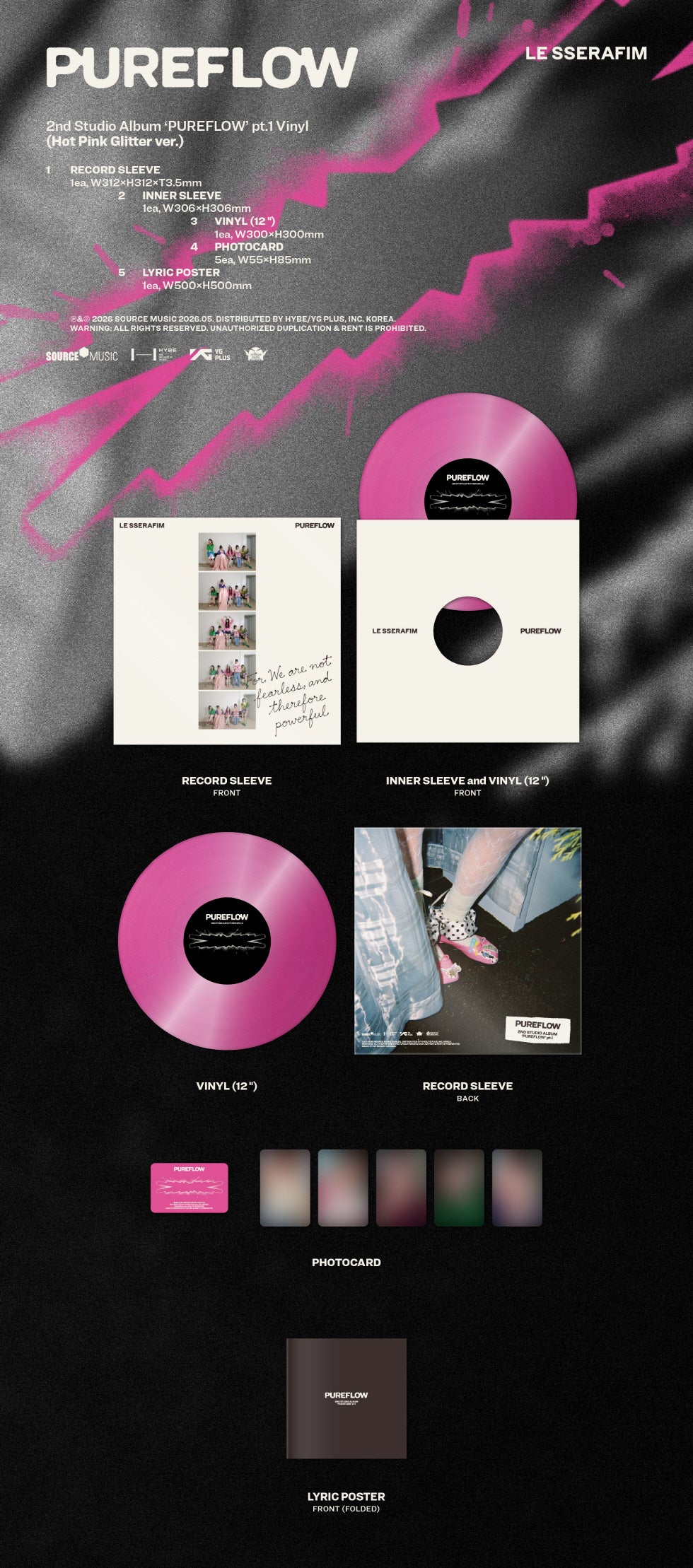 [B2B] LE SSERAFIM - 2nd Studio Album [PUREFLOW] pt.1 Vinyl (Electric Yellow Glitter ver. / Hot Pink Glitter ver.) / [음반사 도매] 르세라핌 - 2nd Studio Album [PUREFLOW] pt.1 Vinyl