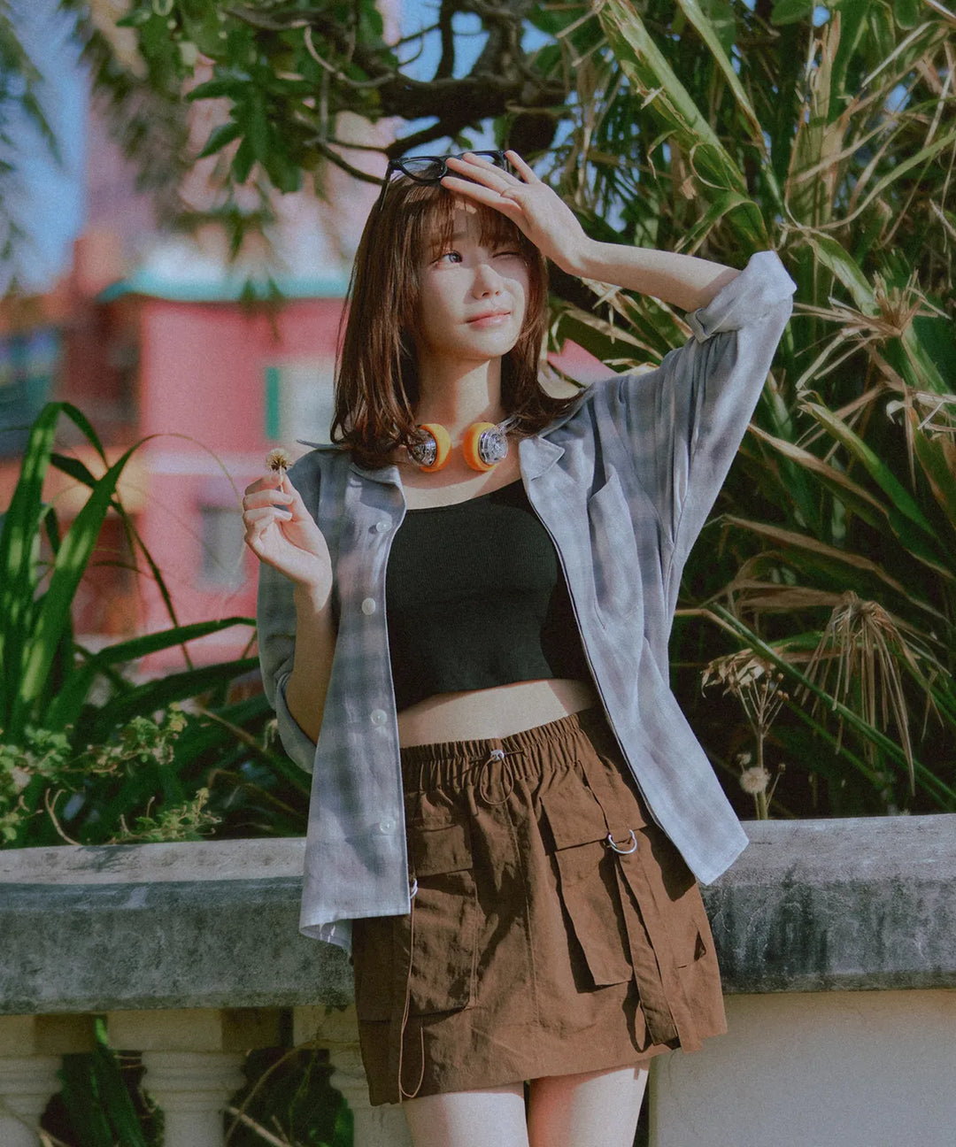 **QWER -Magenta Ombre checkered flare shirt [Green]